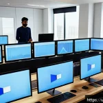 마이크로 프론트엔드의 적용 사례 연구 - A modern software development team collaborating in a bright, open office space, each member focused...