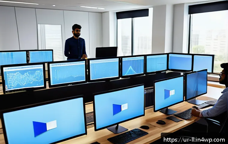 마이크로 프론트엔드의 적용 사례 연구 - A modern software development team collaborating in a bright, open office space, each member focused...