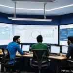 마이크로 프론트엔드의 배포 전략 - A detailed, modern tech workspace showing a diverse team of developers collaborating on micro front-...