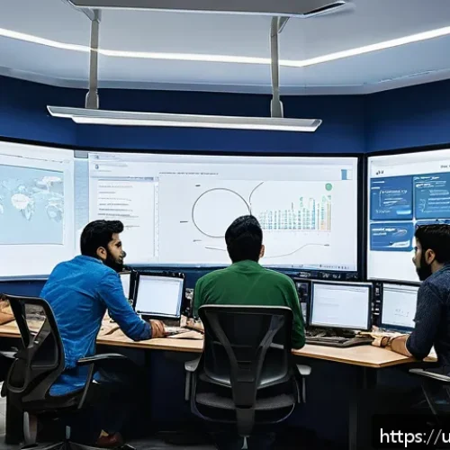 마이크로 프론트엔드의 배포 전략 - A detailed, modern tech workspace showing a diverse team of developers collaborating on micro front-...