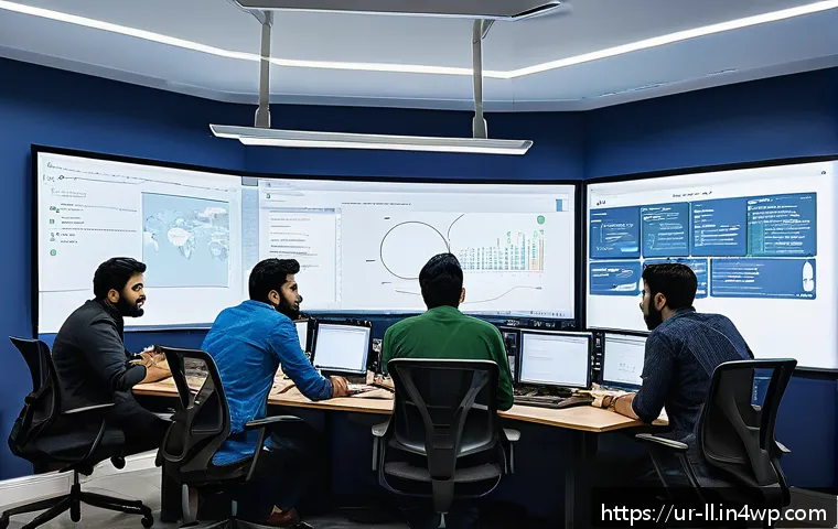 마이크로 프론트엔드의 배포 전략 - A detailed, modern tech workspace showing a diverse team of developers collaborating on micro front-...