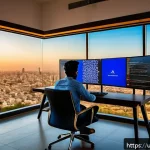 마이크로 프론트엔드의 실시간 데이터 처리 - A modern web developer workspace in an upscale office in Karachi, featuring a large monitor displayi...