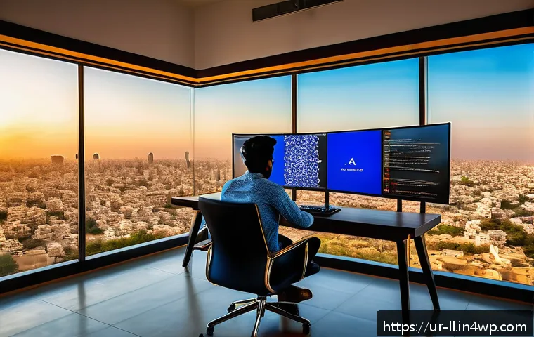 마이크로 프론트엔드의 실시간 데이터 처리 - A modern web developer workspace in an upscale office in Karachi, featuring a large monitor displayi...
